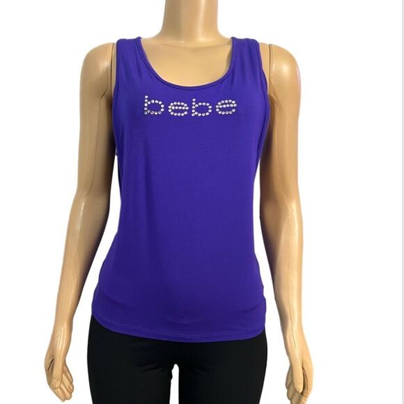 Bebe NWT Rhinestone Bebe logo 2 in 1 tank top and built in bra purple Large - Picture 5 of 5